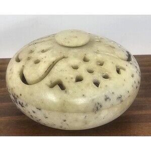 Natural Hand Carved Soap Stone Incense Burner Trinket Box W/Lid Jali Design